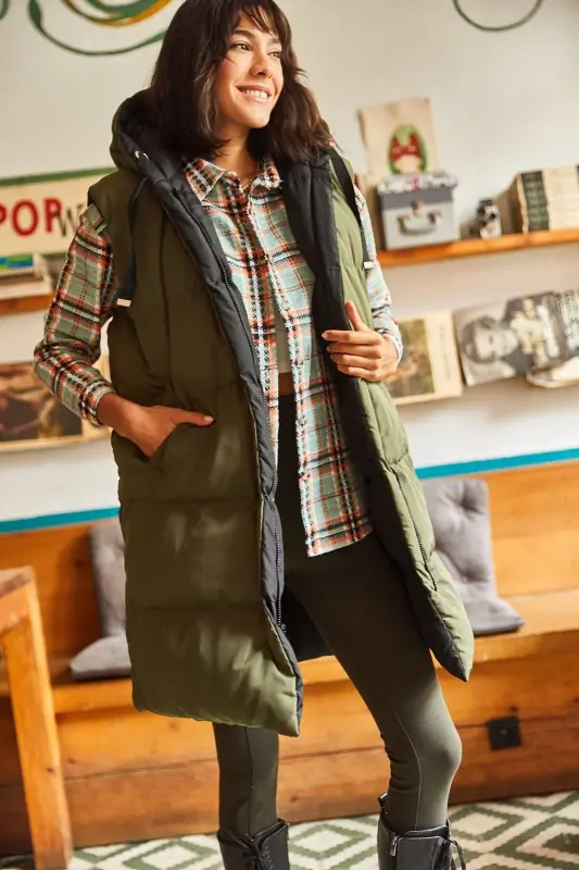 Kadın Haki Siyah Çift Taraflı Dolgulu Kapüşonlu Dokuma Yelek YLK-19000013-Haki Siyah - 5