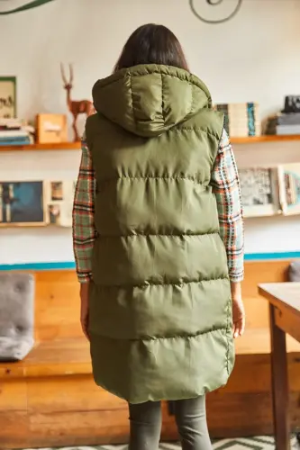 Kadın Haki Siyah Çift Taraflı Dolgulu Kapüşonlu Dokuma Yelek YLK-19000013-Haki Siyah - 6