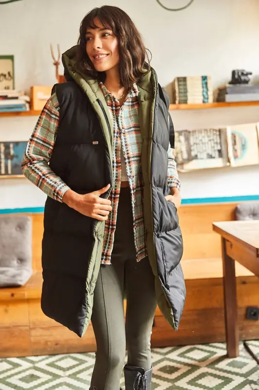 Kadın Haki Siyah Çift Taraflı Dolgulu Kapüşonlu Dokuma Yelek YLK-19000013-Haki Siyah - 7