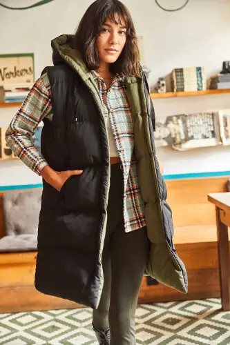 Kadın Haki Siyah Çift Taraflı Dolgulu Kapüşonlu Dokuma Yelek YLK-19000013-Haki Siyah - 8