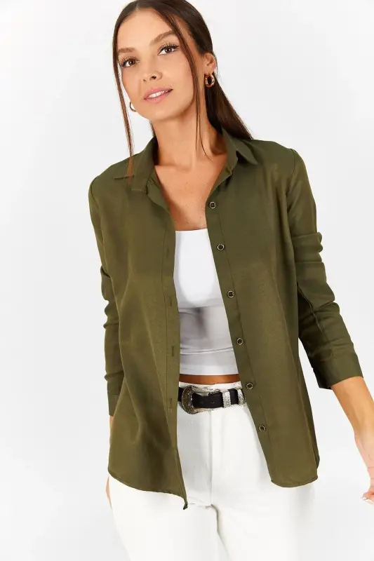Kadın Haki Uzun Kollu Düz Gömlek ARM-18Y001176-HAKİ - 1