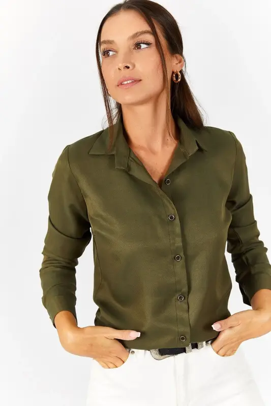 Kadın Haki Uzun Kollu Düz Gömlek ARM-18Y001176-HAKİ - 3
