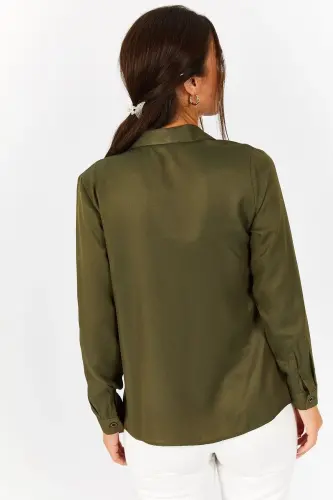 Kadın Haki Uzun Kollu Düz Gömlek ARM-18Y001176-HAKİ - 4