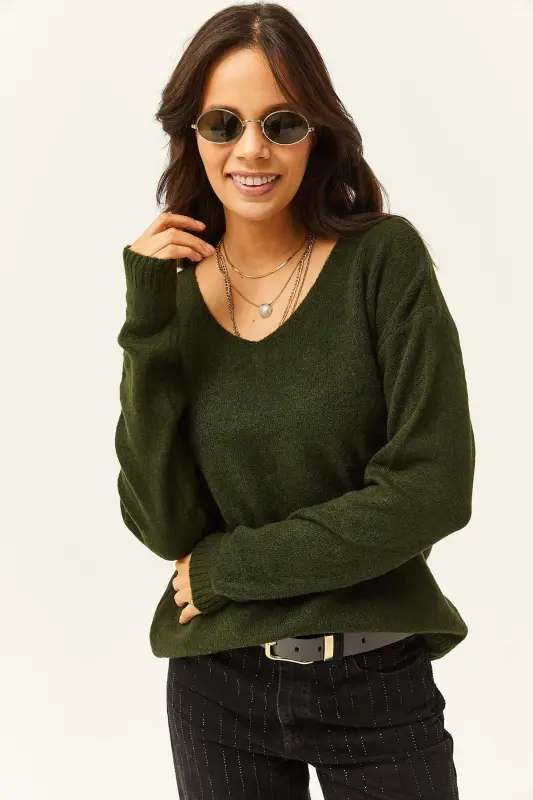 Kadın Haki V Yaka Yumuşak Dokulu Triko Kazak KZK-19000598-Haki - OLALOOK