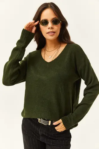 Kadın Haki V Yaka Yumuşak Dokulu Triko Kazak KZK-19000598-Haki - 3