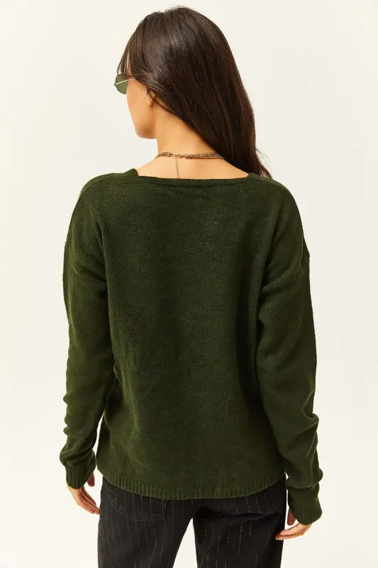 Kadın Haki V Yaka Yumuşak Dokulu Triko Kazak KZK-19000598-Haki - 4