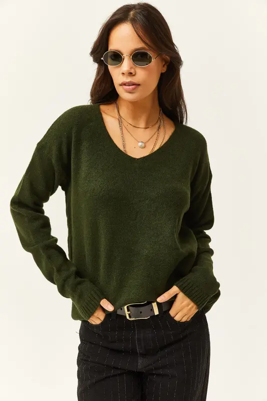 Kadın Haki V Yaka Yumuşak Dokulu Triko Kazak KZK-19000598-Haki - 2