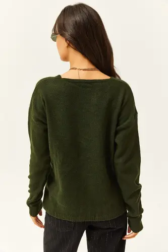 Kadın Haki V Yaka Yumuşak Dokulu Triko Kazak KZK-19000598-Haki - 4