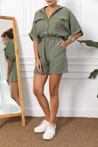 Kadın Haki Yarasa Kol Cepli Beli Lastikli Şortlu Tulum ARM-23Y001075-Haki - ARMONIKA (1)