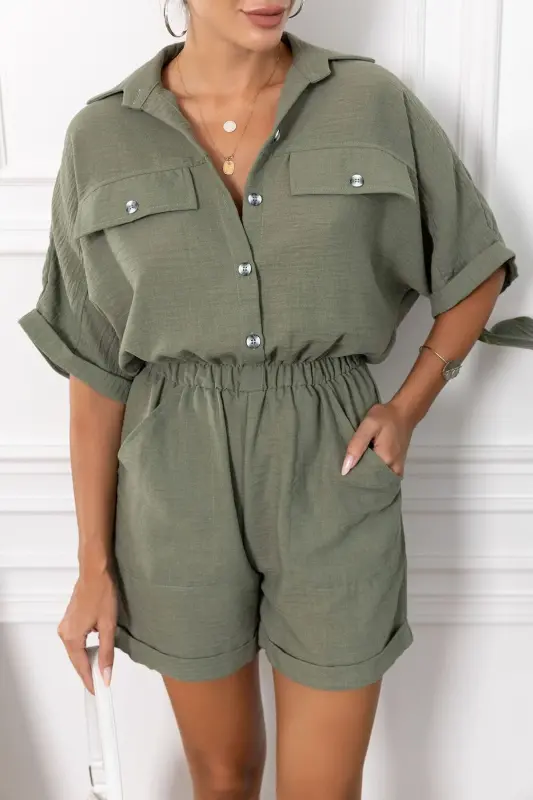 Kadın Haki Yarasa Kol Cepli Beli Lastikli Şortlu Tulum ARM-23Y001075-Haki - 1