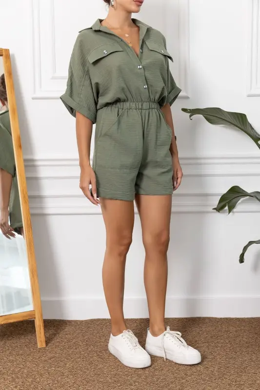 Kadın Haki Yarasa Kol Cepli Beli Lastikli Şortlu Tulum ARM-23Y001075-Haki - 3