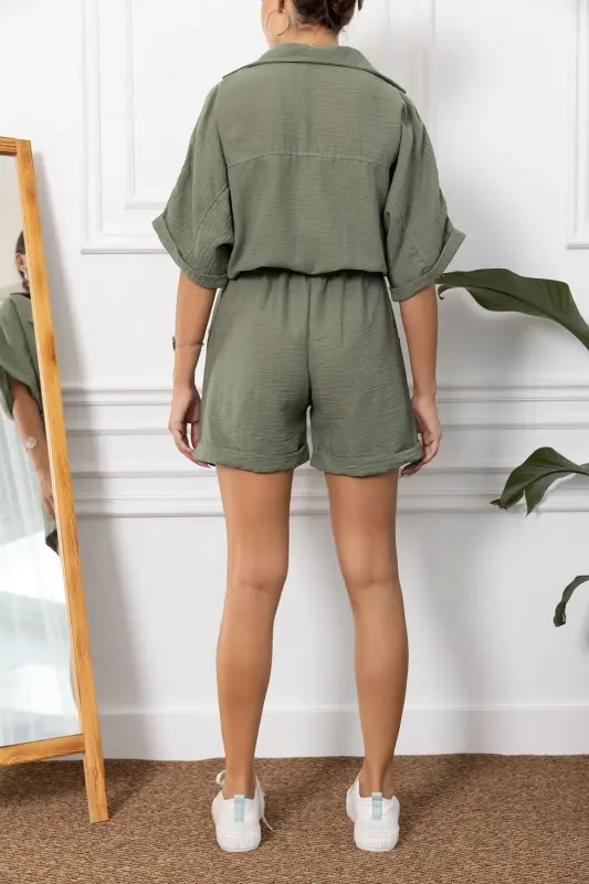 Kadın Haki Yarasa Kol Cepli Beli Lastikli Şortlu Tulum ARM-23Y001075-Haki - 4
