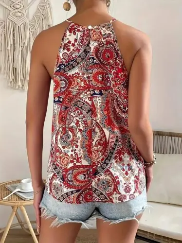 Kadın Halter Kollu Damla Detaylı Desenli Süprem Bluz - 5