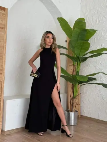 Kadın Halter Yaka Derin Yırtmaç Detaylı Tam Boy Ithal Krep Abiye Elbise - 3