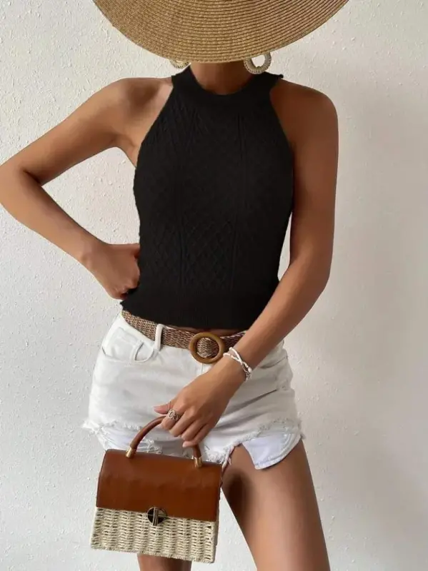 Kadın Halter Yaka Mini Baklava Desenli Triko Bluz - 3