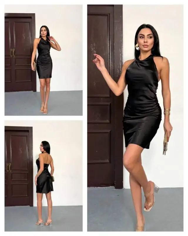 Kadın Halter Yaka Sırt Dekolteli Mini Saten Elbise - 4