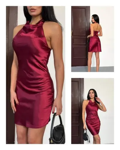 Kadın Halter Yaka Sırt Dekolteli Mini Saten Elbise - 7