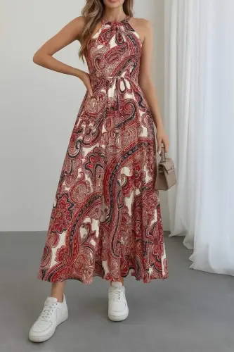 Kadın Halter Yakalı Omuzlardan Açık Kuşaklı Maksi Boy Desenli Süprem Elbise - 1