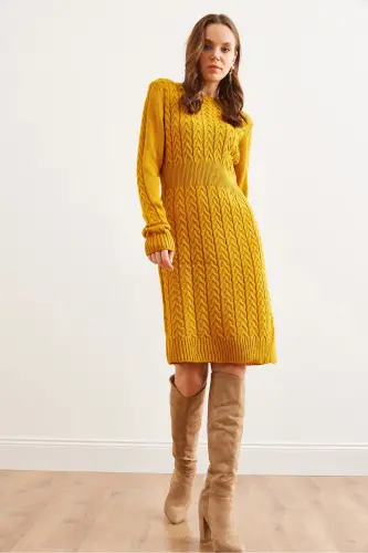 Kadın Hardal Beli Bantlı Yırtmaçlı Saç Örgü Mini Elbise ELB-19002289-Hardal - OLALOOK (1)