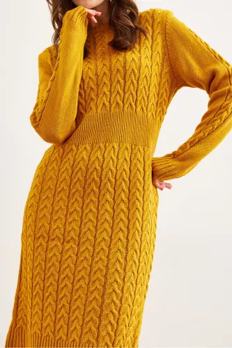 Kadın Hardal Beli Bantlı Yırtmaçlı Saç Örgü Mini Elbise ELB-19002289-Hardal - 5