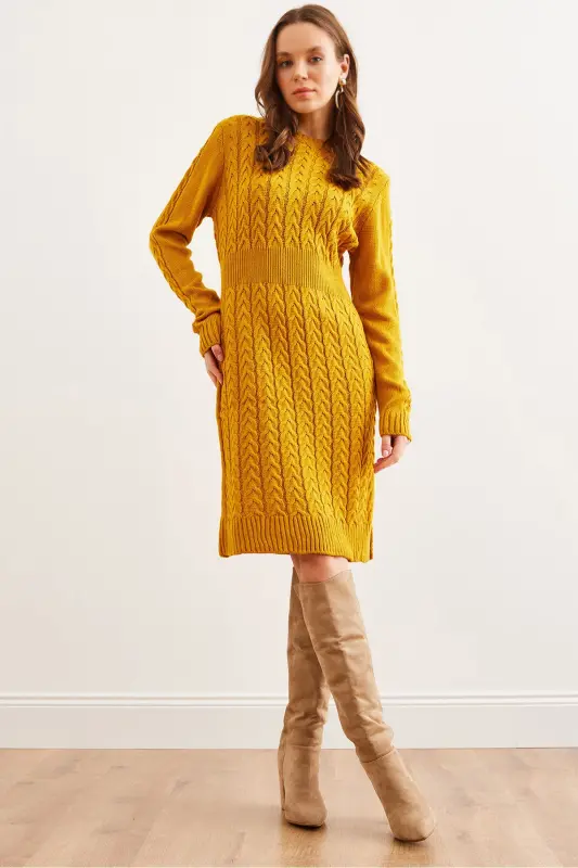 Kadın Hardal Beli Bantlı Yırtmaçlı Saç Örgü Mini Elbise ELB-19002289-Hardal - 1