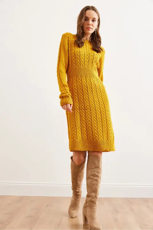 Kadın Hardal Beli Bantlı Yırtmaçlı Saç Örgü Mini Elbise ELB-19002289-Hardal - 2