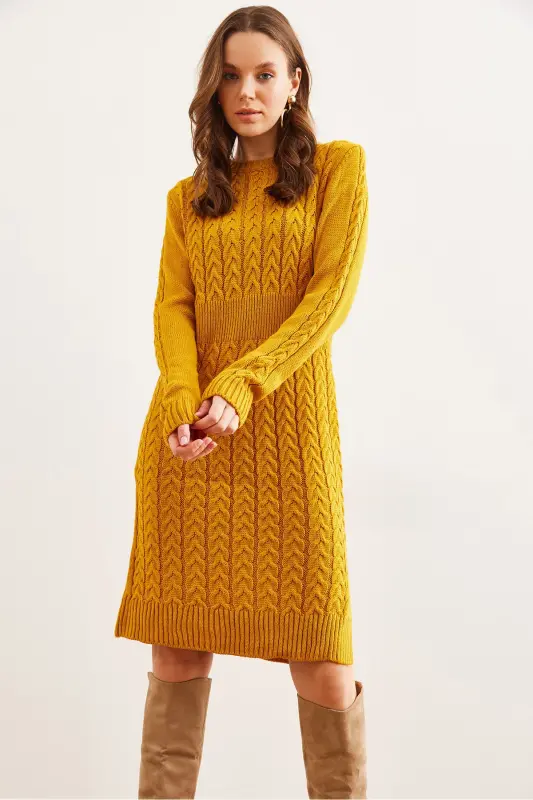 Kadın Hardal Beli Bantlı Yırtmaçlı Saç Örgü Mini Elbise ELB-19002289-Hardal - 3