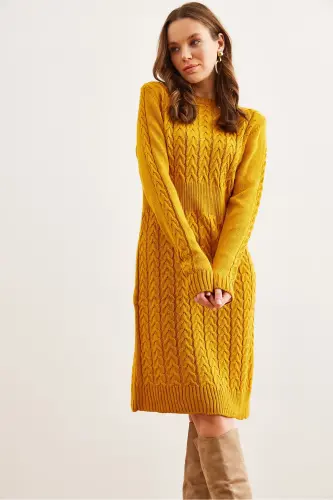 Kadın Hardal Beli Bantlı Yırtmaçlı Saç Örgü Mini Elbise ELB-19002289-Hardal - 4