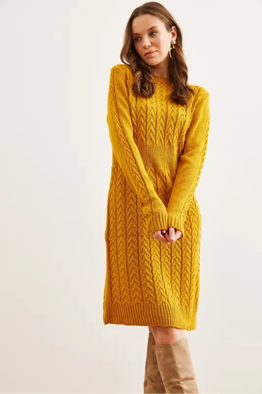 Kadın Hardal Beli Bantlı Yırtmaçlı Saç Örgü Mini Elbise ELB-19002289-Hardal - 4