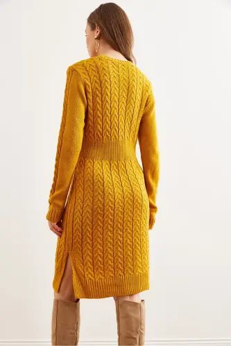 Kadın Hardal Beli Bantlı Yırtmaçlı Saç Örgü Mini Elbise ELB-19002289-Hardal - 6