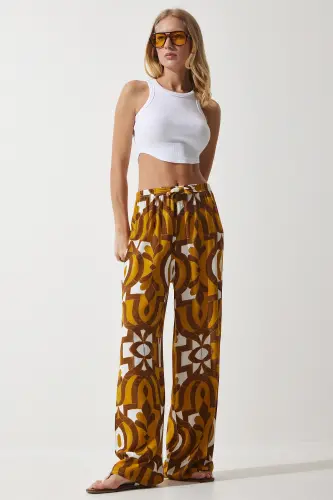 Kadın Hardal Desenli Dökümlü Viskon Palazzo Pantolon EN00606-Hardal - 3