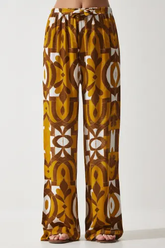 Kadın Hardal Desenli Dökümlü Viskon Palazzo Pantolon EN00606-Hardal - 4