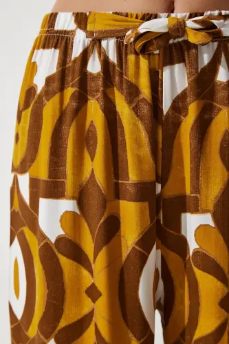 Kadın Hardal Desenli Dökümlü Viskon Palazzo Pantolon EN00606-Hardal - 5