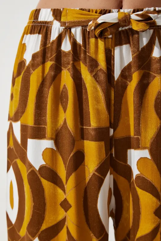 Kadın Hardal Desenli Dökümlü Viskon Palazzo Pantolon EN00606-Hardal - 5