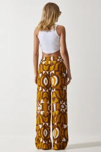 Kadın Hardal Desenli Dökümlü Viskon Palazzo Pantolon EN00606-Hardal - 6
