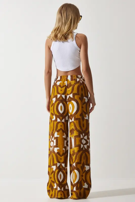 Kadın Hardal Desenli Dökümlü Viskon Palazzo Pantolon EN00606-Hardal - 6