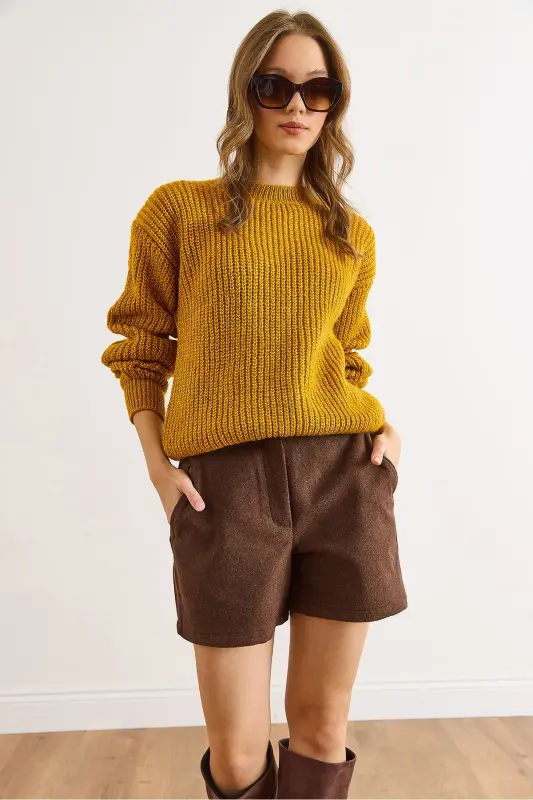 Kadın Hardal Kalın Örgü Şardonlu Balon Kol Triko Kazak KZK-19000863-Hardal - 1