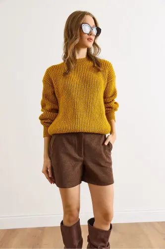 Kadın Hardal Kalın Örgü Şardonlu Balon Kol Triko Kazak KZK-19000863-Hardal - 3