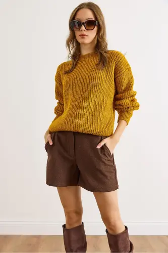 Kadın Hardal Kalın Örgü Şardonlu Balon Kol Triko Kazak KZK-19000863-Hardal - OLALOOK (1)