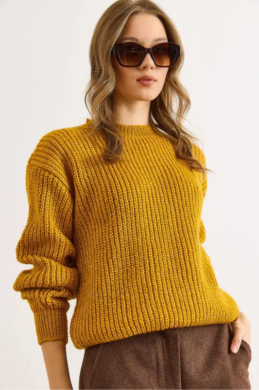 Kadın Hardal Kalın Örgü Şardonlu Balon Kol Triko Kazak KZK-19000863-Hardal - 4