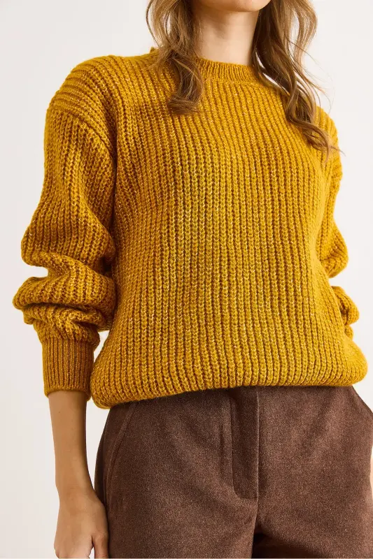 Kadın Hardal Kalın Örgü Şardonlu Balon Kol Triko Kazak KZK-19000863-Hardal - 6