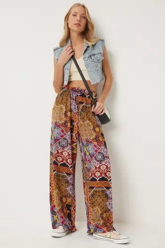 Kadın Hardal Kiremit Desenli Dökümlü Viskon Palazzo Pantolon EN00606-Hardal Kiremit - 1