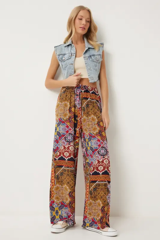 Kadın Hardal Kiremit Desenli Dökümlü Viskon Palazzo Pantolon EN00606-Hardal Kiremit - 2