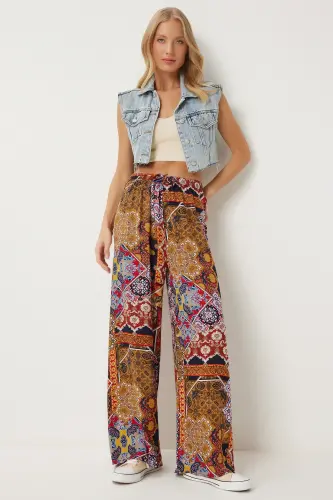 Kadın Hardal Kiremit Desenli Dökümlü Viskon Palazzo Pantolon EN00606-Hardal Kiremit - 3