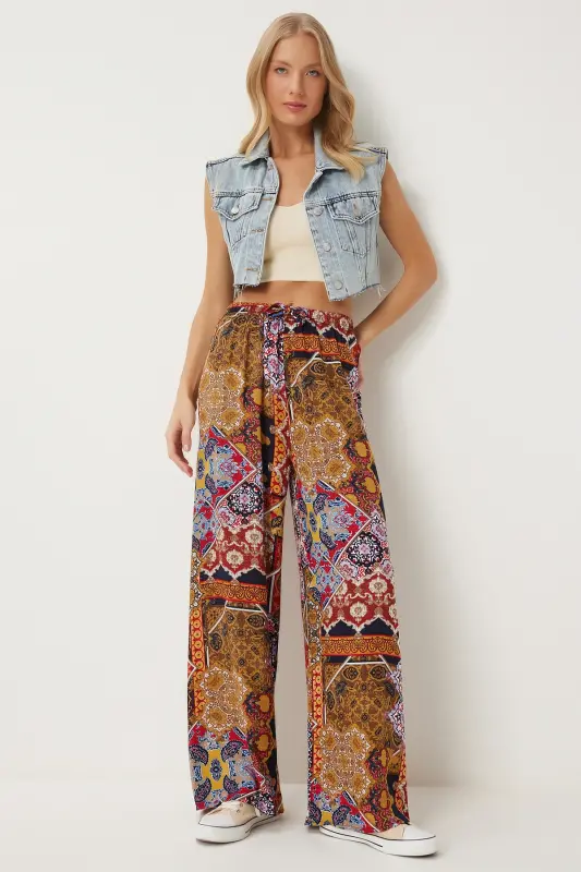 Kadın Hardal Kiremit Desenli Dökümlü Viskon Palazzo Pantolon EN00606-Hardal Kiremit - 3