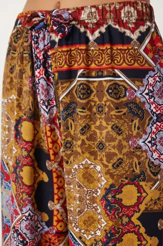 Kadın Hardal Kiremit Desenli Dökümlü Viskon Palazzo Pantolon EN00606-Hardal Kiremit - 5