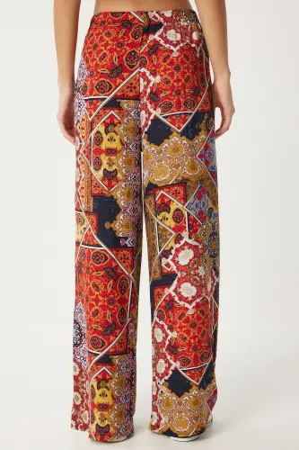 Kadın Hardal Kiremit Desenli Dökümlü Viskon Palazzo Pantolon EN00606-Hardal Kiremit - 6