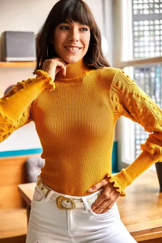 Kadın Hardal Kol Detaylı Dik Yaka Fitilli Triko Kazak KZK-19000383-Hardal - OLALOOK (1)