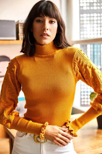 Kadın Hardal Kol Detaylı Dik Yaka Fitilli Triko Kazak KZK-19000383-Hardal - 3