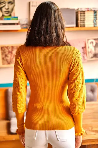 Kadın Hardal Kol Detaylı Dik Yaka Fitilli Triko Kazak KZK-19000383-Hardal - 6